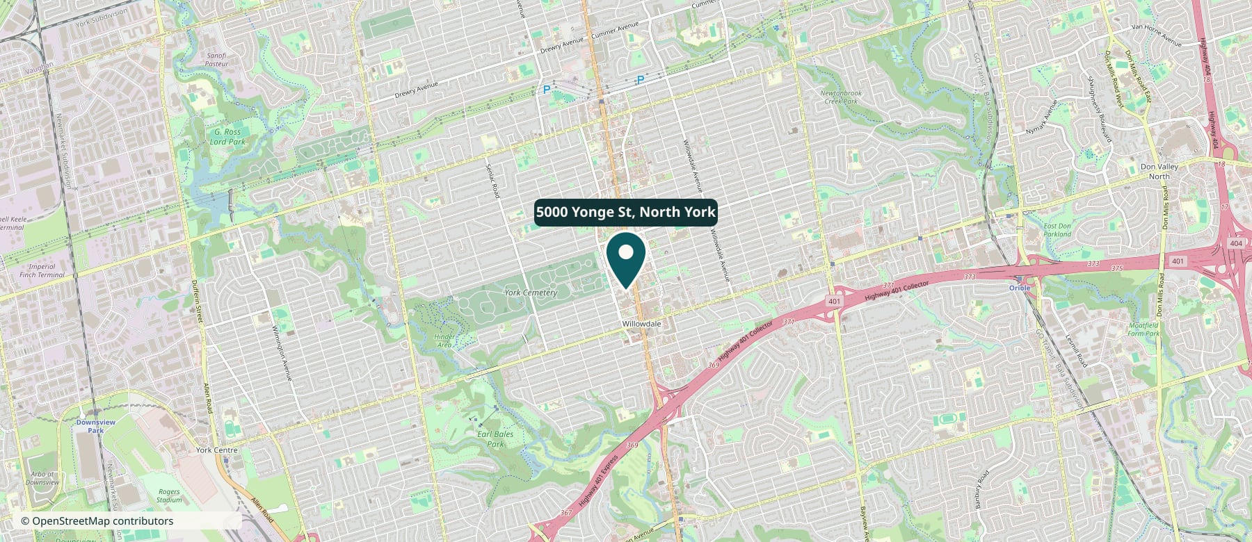 Street map of Willowdale in North York, with a pin marking the Lakeshore Clean Co. office at 5000 Yonge Street, just north of Highway 401 at Yonge and Sheppard.
