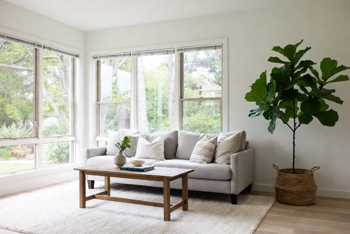 A bright living room in a home after cleaning: a pale grey sofa beneath tall windows, a fiddle-leaf fig in a woven basket, cushions straightened and fresh vacuum lines on a pale rug.
